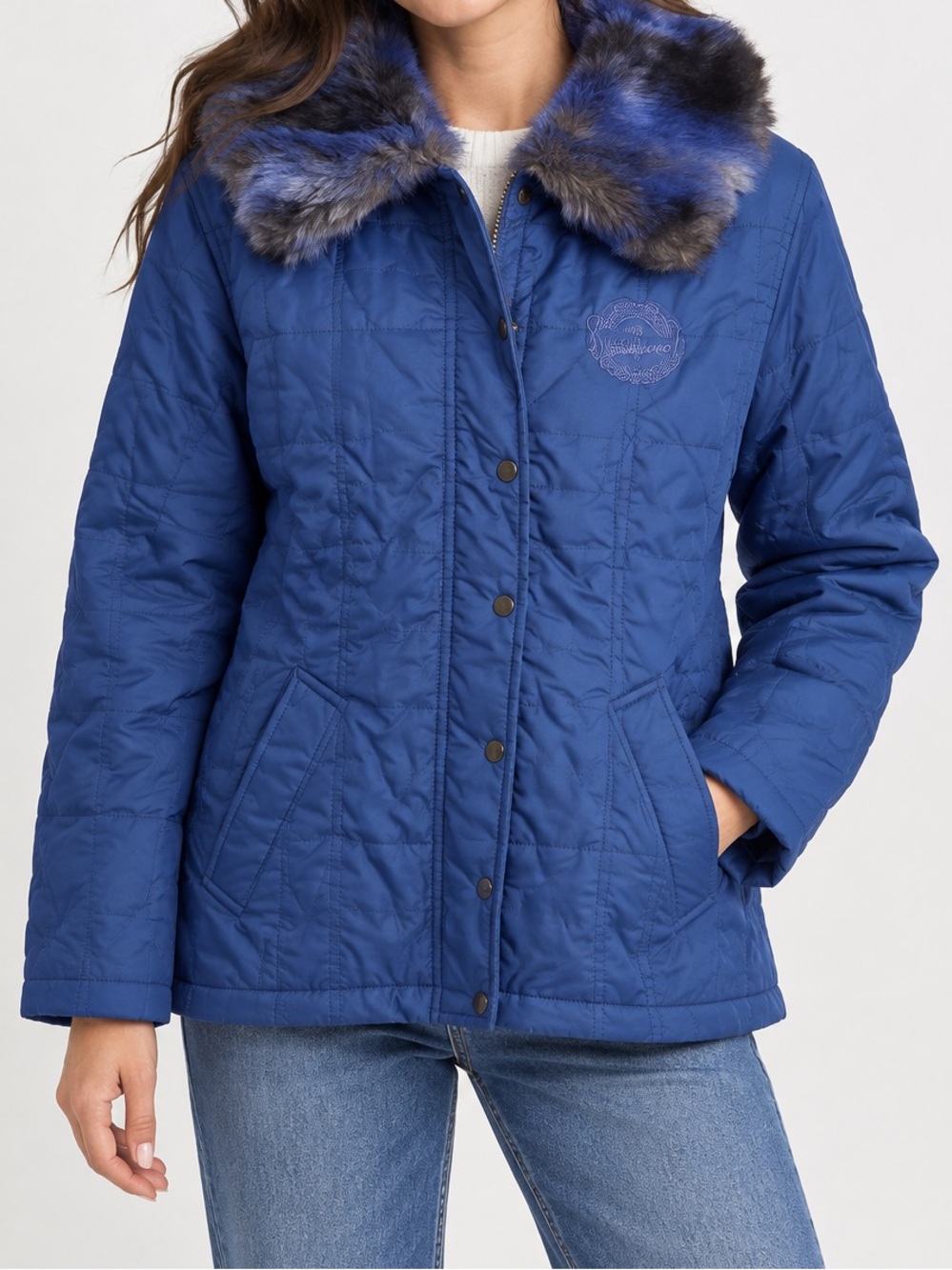 Women's Quilted Navy Ski Jacket with Faux Fur Trim
